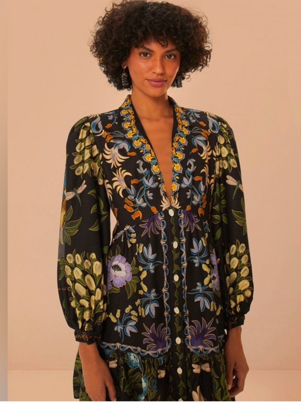 Farm Rio Black Winter Garden Mini Dress Long Sleeves - Picture 2 of 13